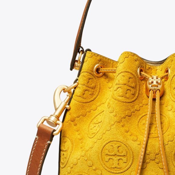 NEW! Tory Burch T-Monogram SUEDE EMBOSSED Bucket -large Claret (Deep Sunflower) - Picture 14 of 15